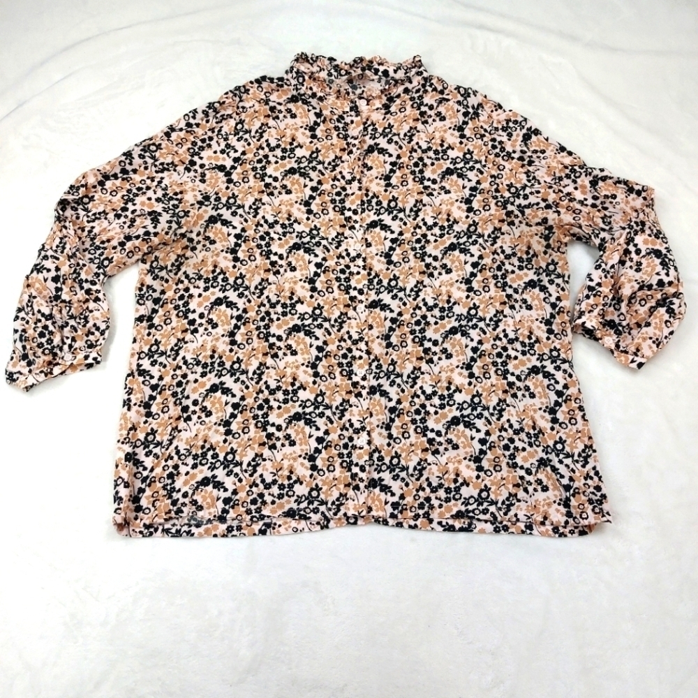 LOFT OUTLET WOMEN'S CREAM FLORAL RUFFLE COLLAR 3/4 SLEEVE BUTTON DOWN SHIRT XL